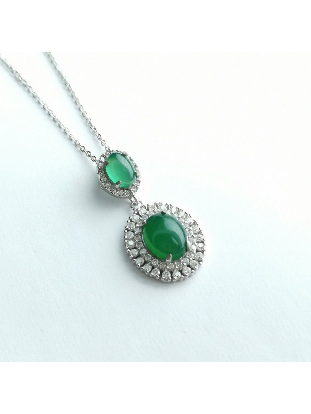 Green Chalcedony CZ Halo Pendant Necklace sterling silver